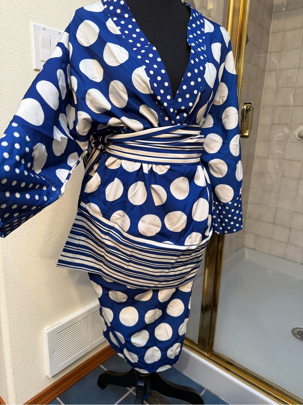 Blue and White Polka Dot Satin Kimono Robe with Striped Sash